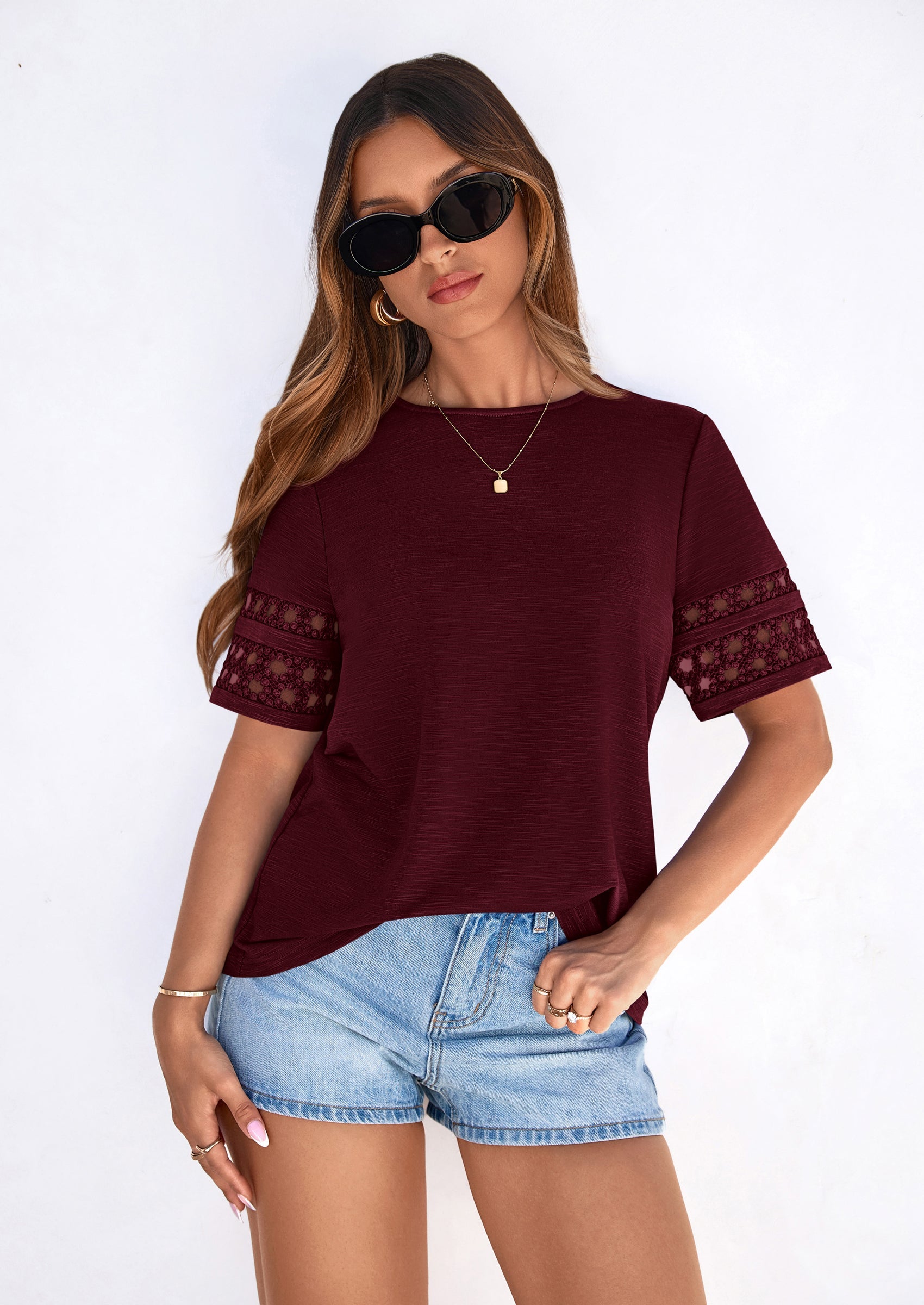 PRETTYGARDEN Summer Tops for Women Lace Short Sleeve T-Shirts Casual Blouses Spring Fashion Clothes Vacation Outfits PRETTYGARDEN