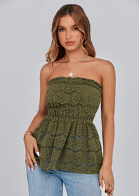 PRETTYGARDEN Tube Tops for Women Summer Strapless Off Shoulder Eyelet Smocked Peplum Trendy Going Out Boho Top