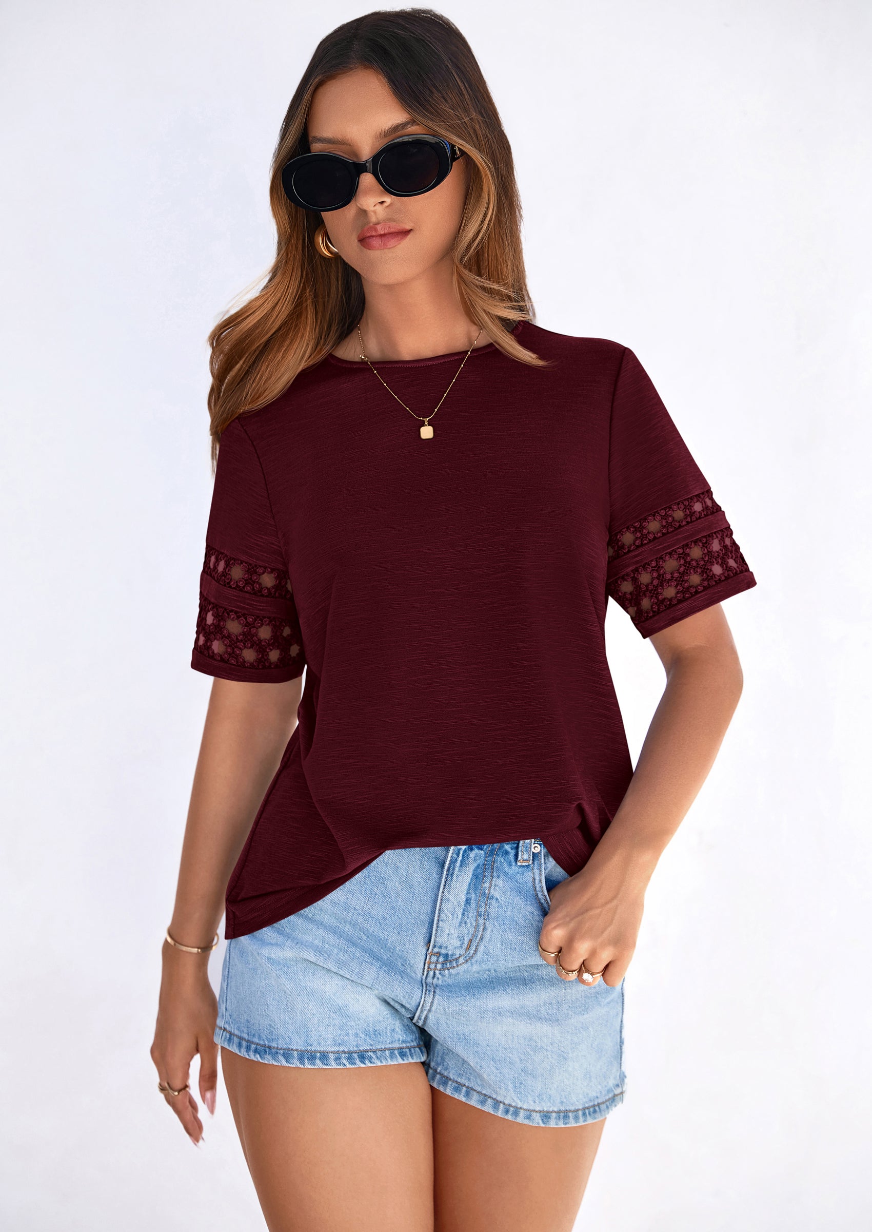 PRETTYGARDEN Summer Tops for Women Lace Short Sleeve T-Shirts Casual Blouses Spring Fashion Clothes Vacation Outfits PRETTYGARDEN