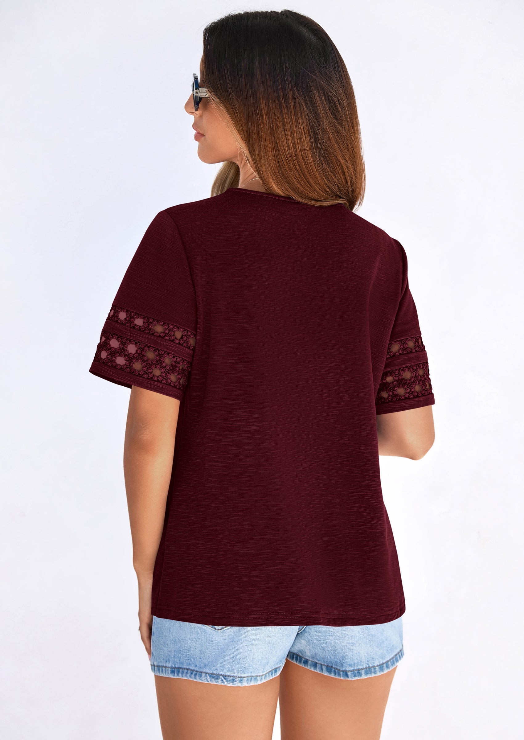 PRETTYGARDEN Summer Tops for Women Lace Short Sleeve T-Shirts Casual Blouses Spring Fashion Clothes Vacation Outfits PRETTYGARDEN