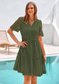 PRETTYGARDEN Women's Short Sleeve Mini Dress Summer V Neck Hollow Out Eyelet Ruffle A Line Swing Short Dresses