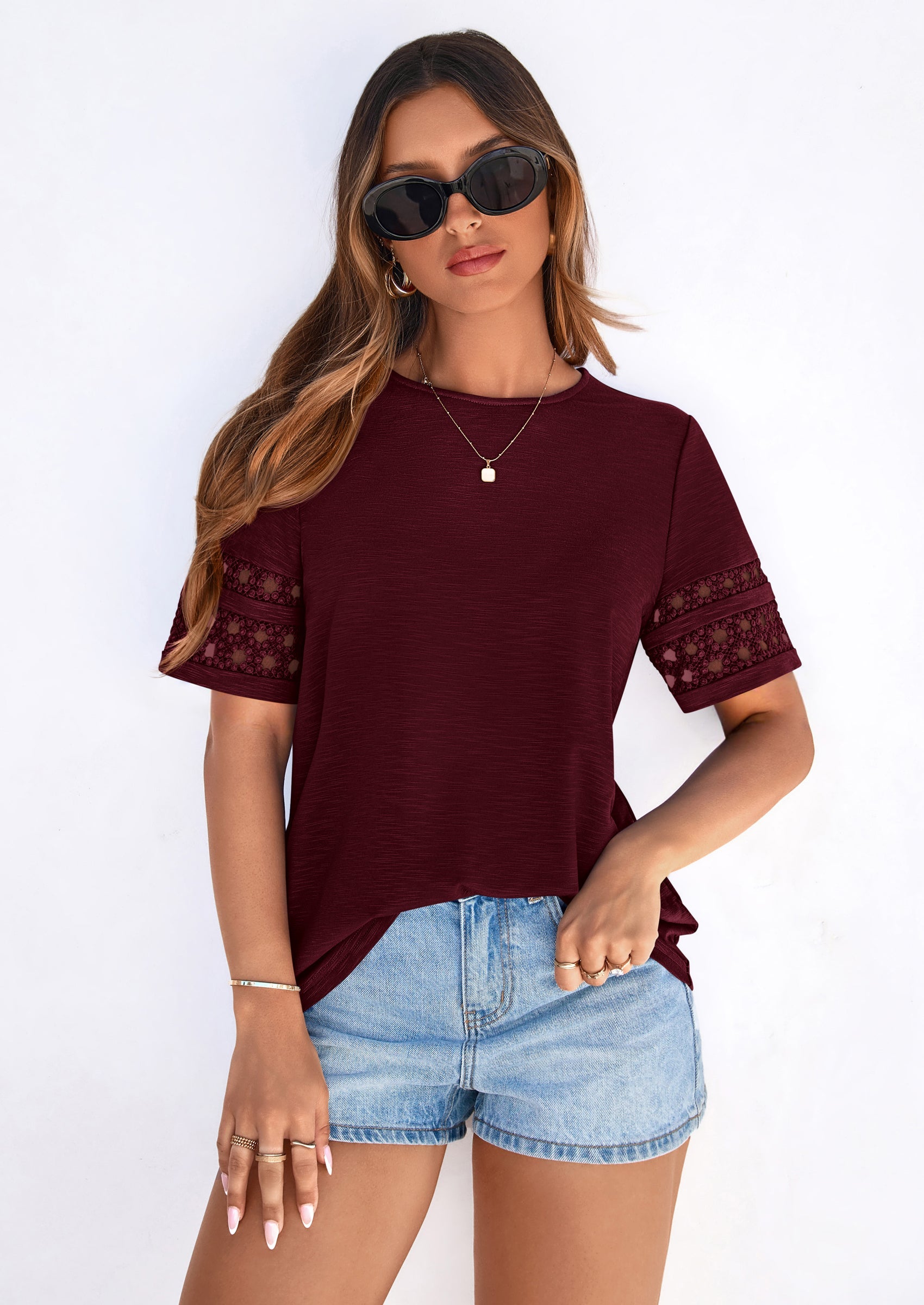 PRETTYGARDEN Summer Tops for Women Lace Short Sleeve T-Shirts Casual Blouses Spring Fashion Clothes Vacation Outfits PRETTYGARDEN