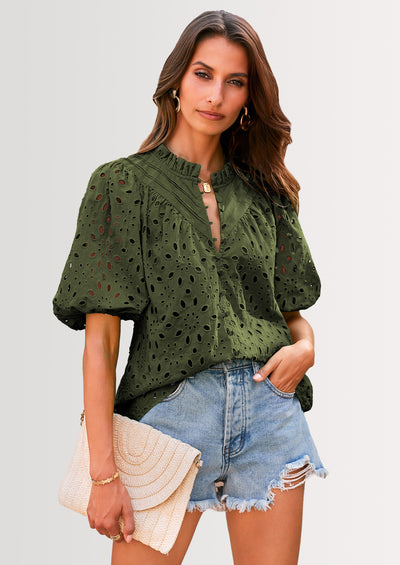 PRETTYGARDEN Women's Summer Short Sleeve Tops Dressy Casual Buttons V Neck Hollow Out Lace Embroidered Blouses Shirts