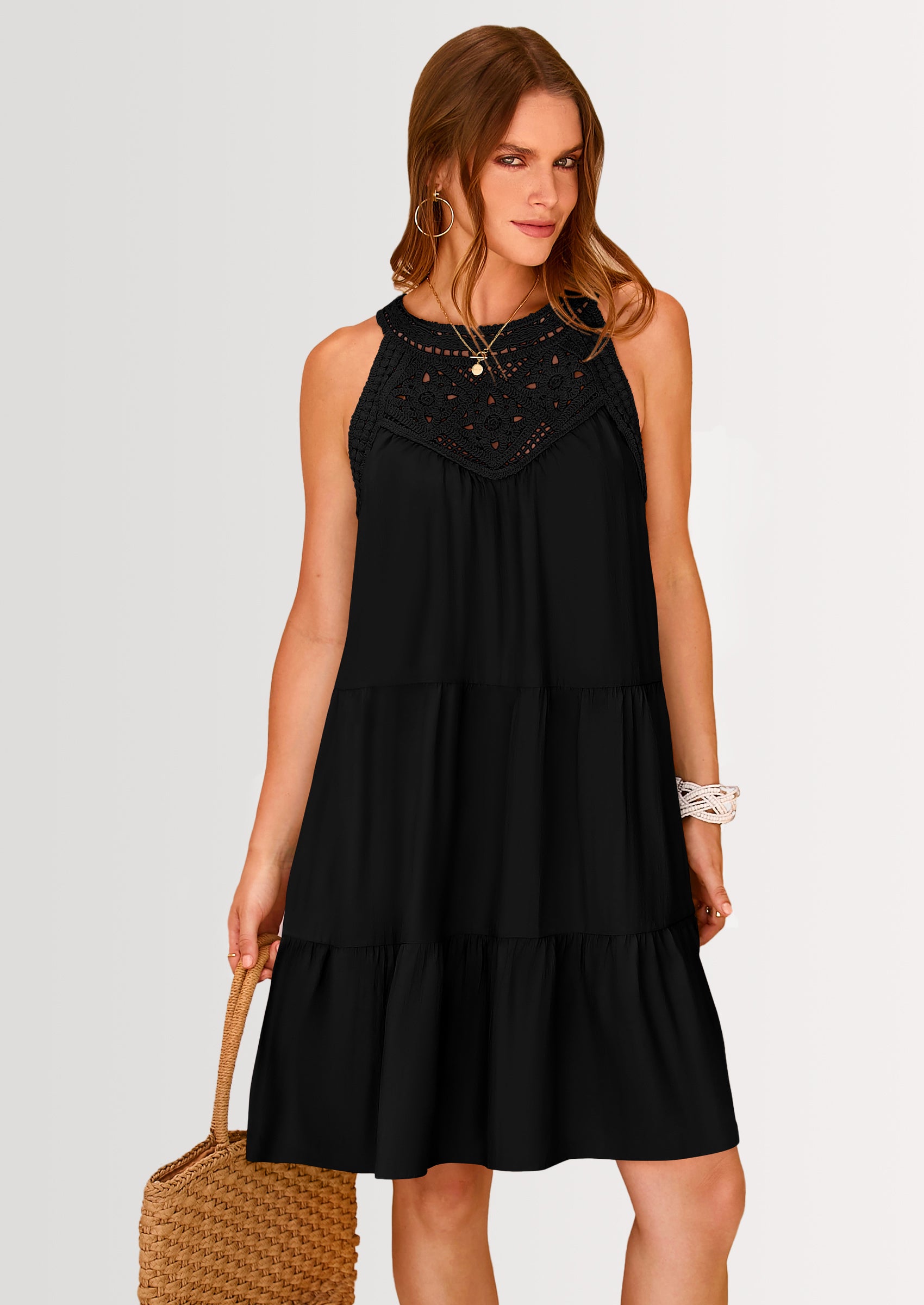 BTFBM Women Summer Halter Dresses Casual Spring 2025 Sleeveless A-Line Tiered Swing Mini Dress Beach Vacation Sundress