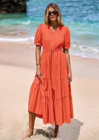 PRETTYGARDEN Women's Midi Dress Casual Short Sleeve V Neck Buttons Belted Ruffle A Line Flowy Dress with Pockets