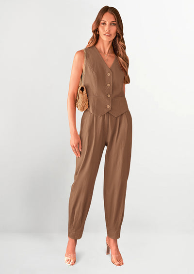 PRETTYGARDEN Two Piece V Neck Button Front Cropped Tank Tops Vest Pockets Pants Cotton Sets