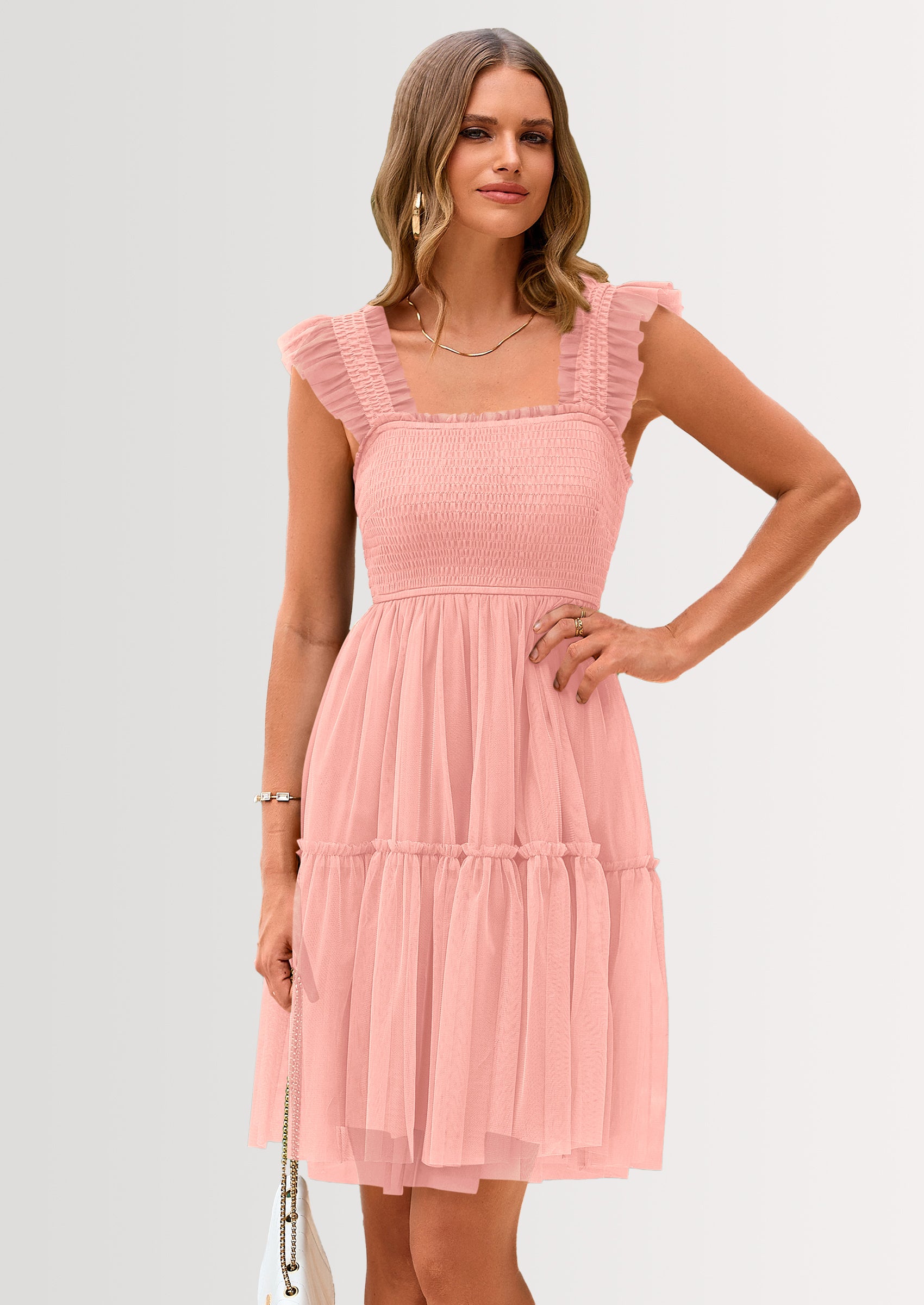 PRETTYGARDEN Womens Trendy Mini Summer Dresses Sleeveless Tulle Ruffle Square Neck Tiered Smocked Beach Vacation Dress