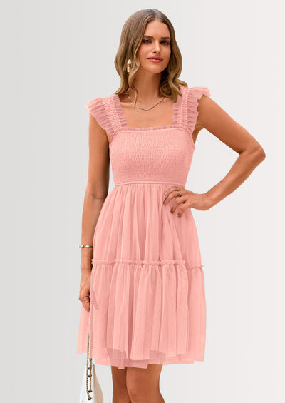 PRETTYGARDEN Womens Trendy Mini Summer Dresses Sleeveless Tulle Ruffle Square Neck Tiered Smocked Beach Vacation Dress