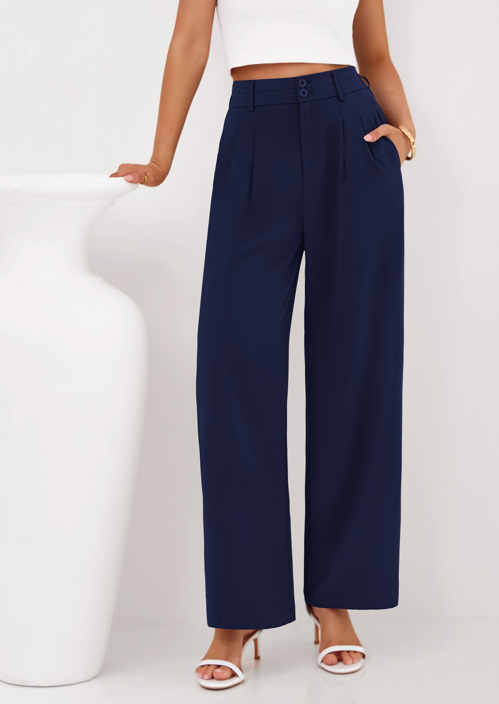 PRETTYGARDEN Womens Spring Wide Leg Palazzo Pants Trendy Loose Button High Waist Pleated Work Business Casual Trousers PRETTYGARDEN