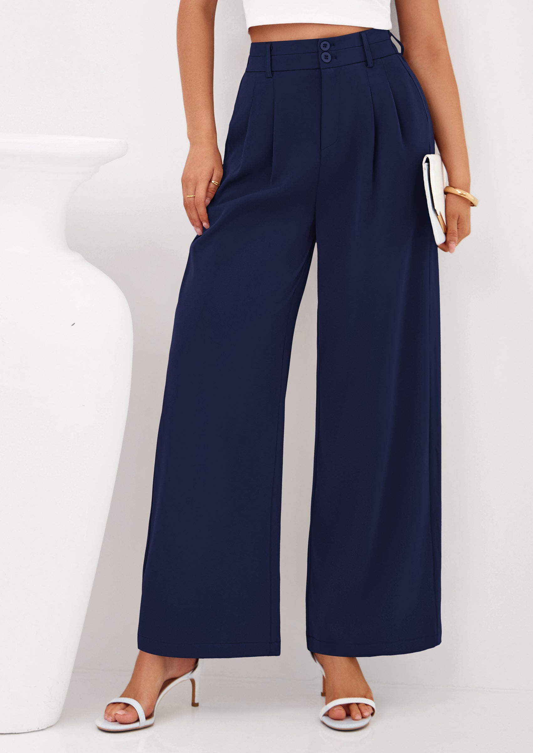 PRETTYGARDEN Womens Spring Wide Leg Palazzo Pants Trendy Loose Button High Waist Pleated Work Business Casual Trousers PRETTYGARDEN