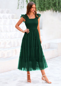 PRETTYGARDEN Women's Tulle Midi Dress Sleeveless Smocked Ruffle Mesh Flowy Dresses Party Wedding Guest Sundress