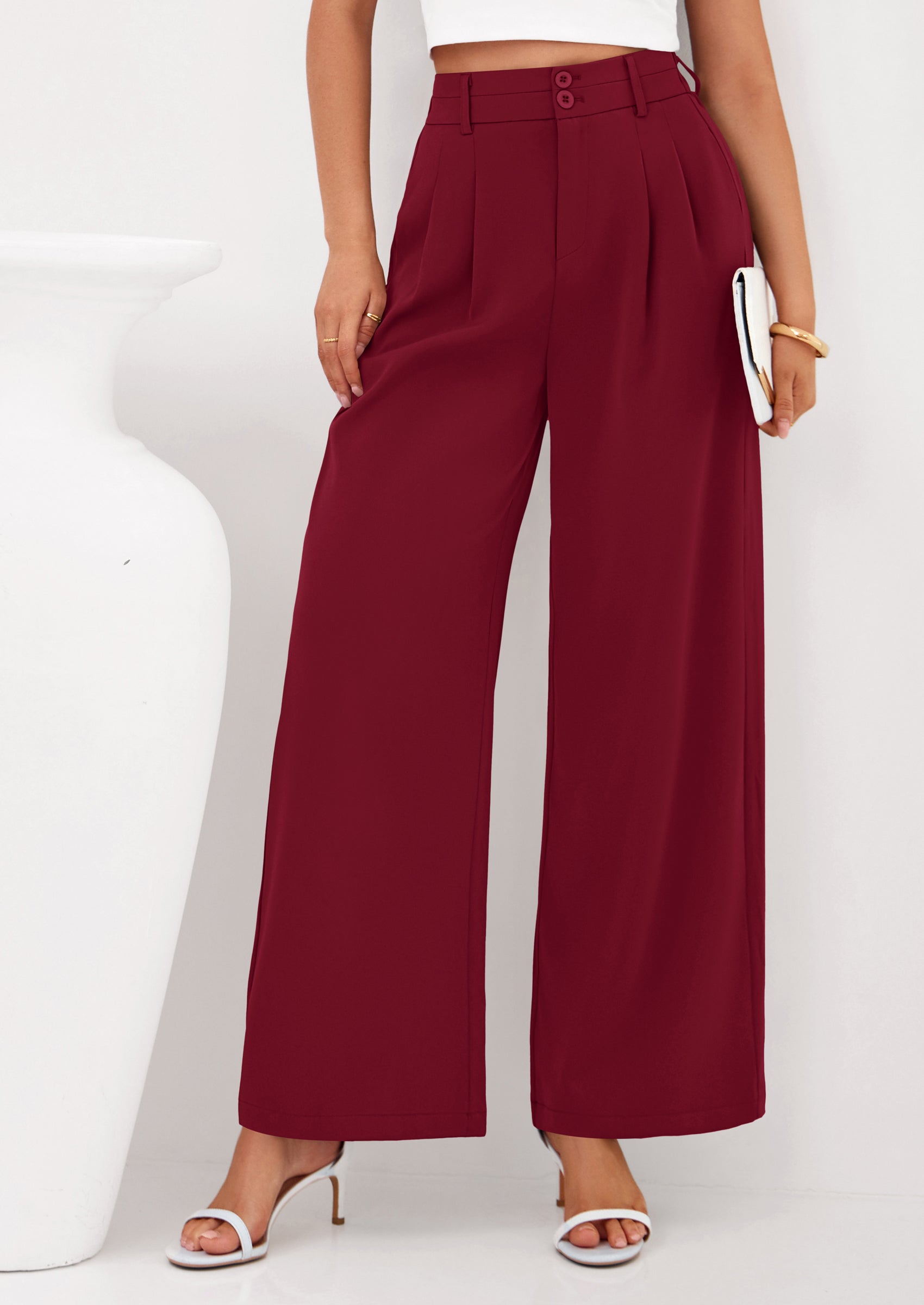PRETTYGARDEN Womens Spring Wide Leg Palazzo Pants Trendy Loose Button High Waist Pleated Work Business Casual Trousers PRETTYGARDEN