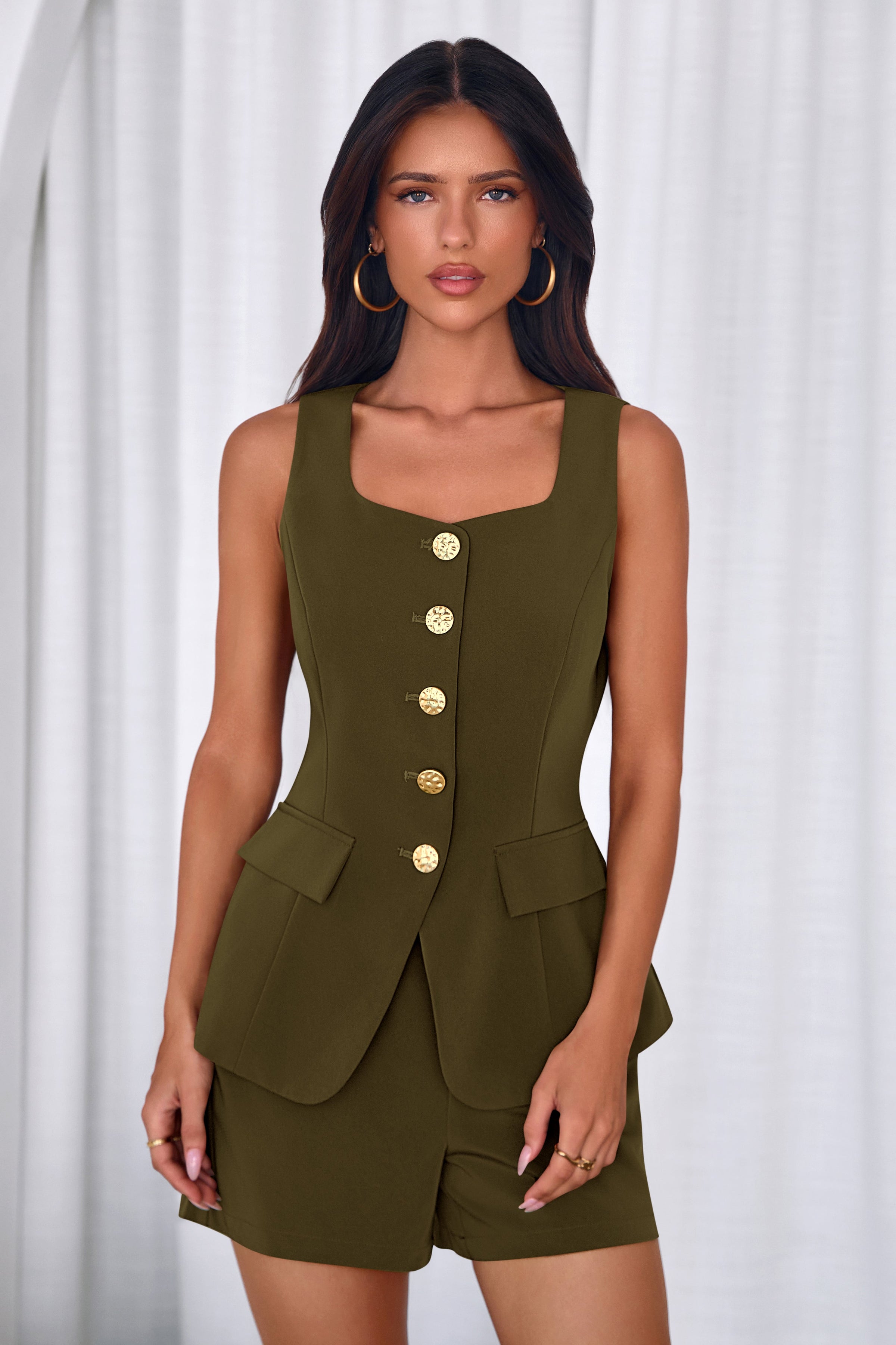 PRETTYGARDEN Womens 2 Piece Matching Sets Fashion Button Down Suit Vest Tops Shorts Set Spring Business Casual Outfits PRETTYGARDEN