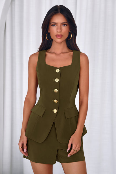 PRETTYGARDEN Womens 2 Piece Matching Sets Fashion Button Down Suit Vest Tops Shorts Set Spring Business Casual Outfits PRETTYGARDEN