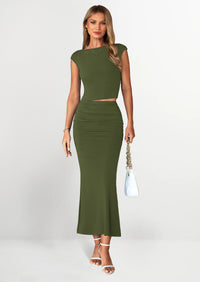 PRETTYGARDEN Summer 2 Piece Sets for Women Going Out Casual Cap Sleeve Crop Tops Ruched Maxi Long Skirts Spring Outfits