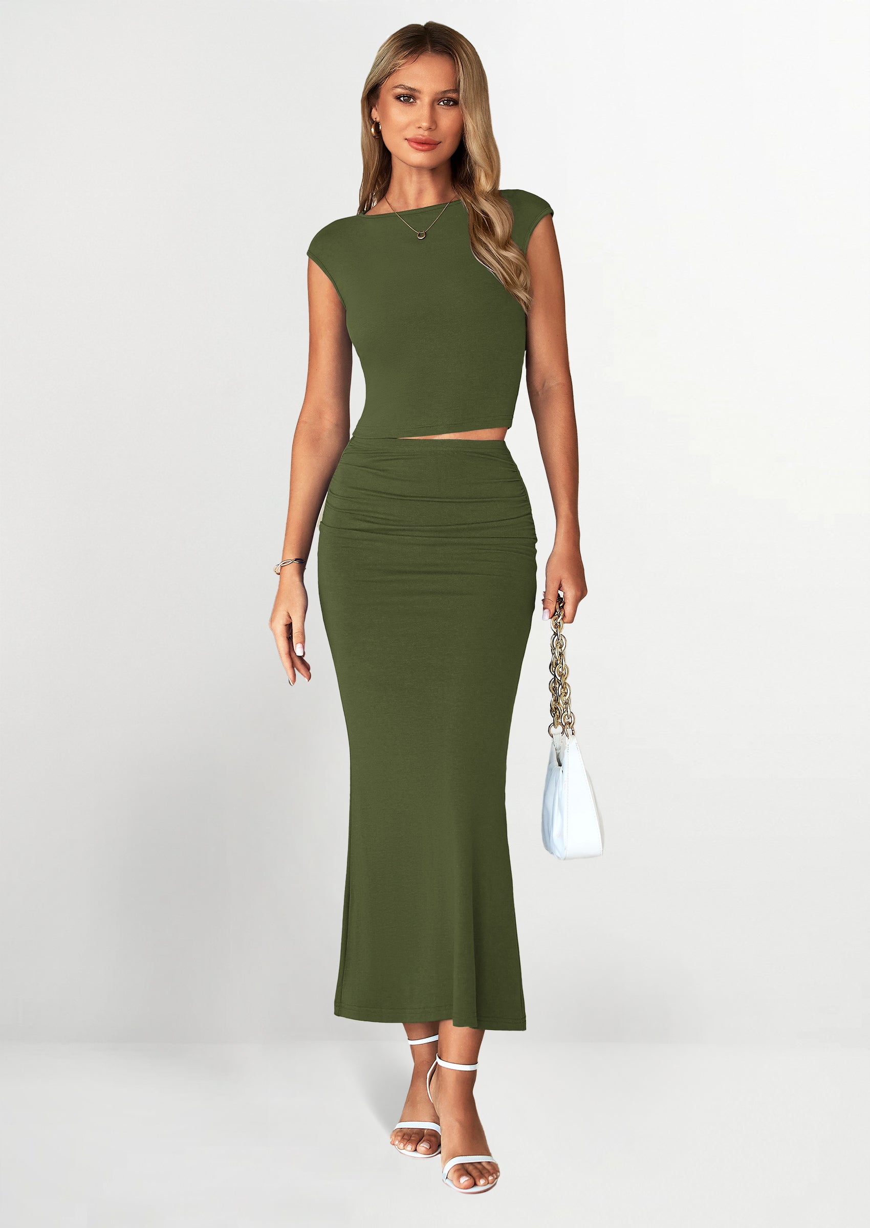 PRETTYGARDEN Summer 2 Piece Sets for Women Going Out Casual Cap Sleeve Crop Tops Ruched Maxi Long Skirts Spring Outfits