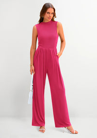 PRETTYGARDEN Womens Summer Jumpsuits Dressy Casual One Piece Outfits Sleeveless Mock Neck Wide Leg Pants Rompers with Pockets