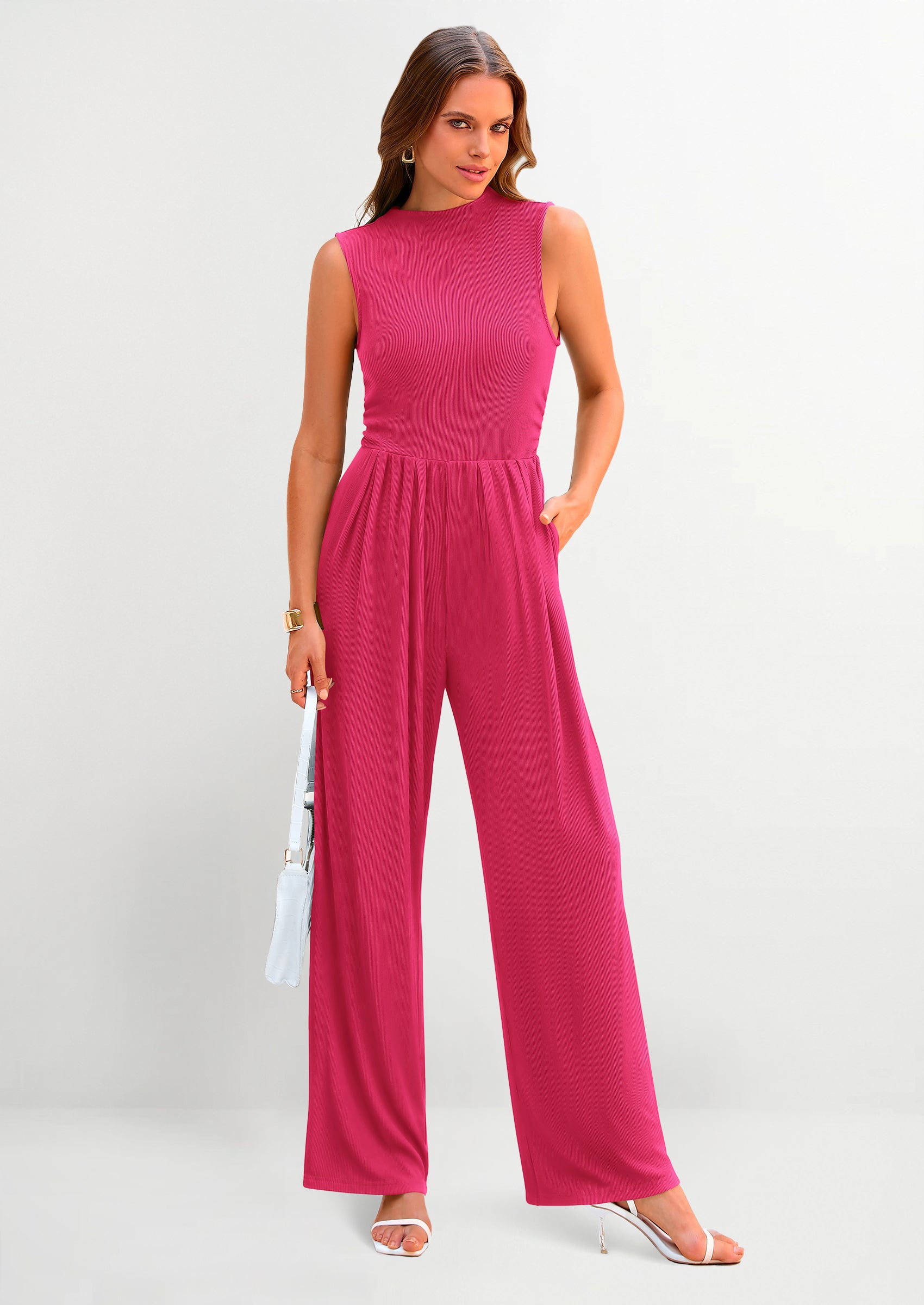 PRETTYGARDEN Womens Summer Jumpsuits Dressy Casual One Piece Outfits Sleeveless Mock Neck Wide Leg Pants Rompers with Pockets