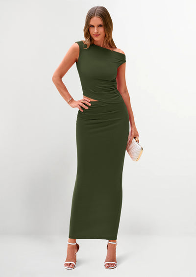 PRETTYGARDEN Maxi Skirt Sets Women 2 Piece Outfits Summer Spring One Shoulder Sleeveless Ruched Bodycon Long Skirts