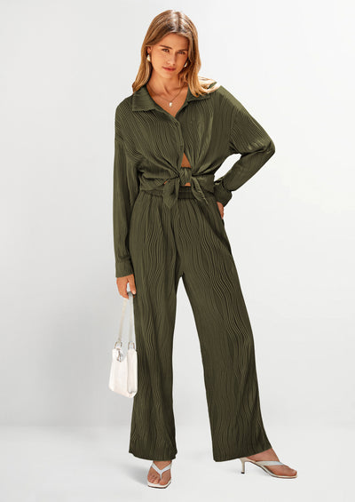 PRETTYGARDEN 2 Piece Textured Sets Casual Button Down Shirt Wide Leg Pants Outfit Loungewear Tracksuit
