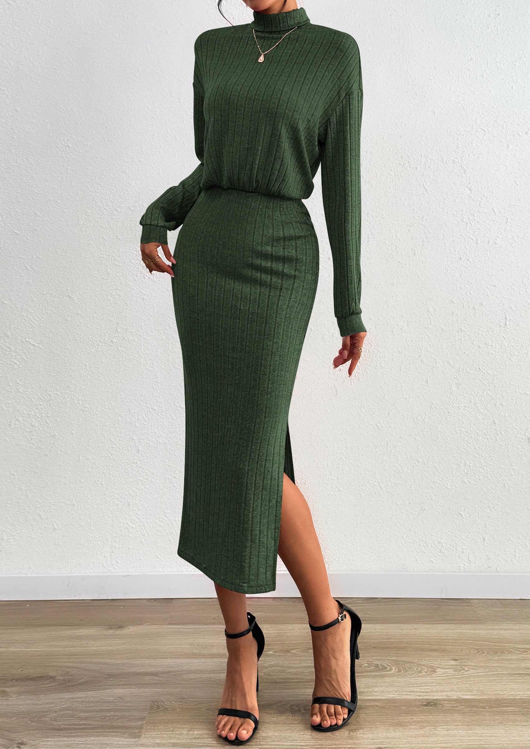 PRETTYGARDEN Turtle Neck Dresses for Women Fall Knit Outfits Slit Elastic Waist Long Sleeve Bodycon Midi Sweater Dress