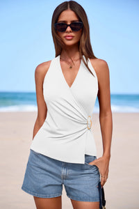 PRETTYGARDEN Womens Halter Top Spring Tie Wrap Sleeveless Ruched V Neck Fitted Summer Tops Backless Fashion Y2k Clothes PRETTYGARDEN