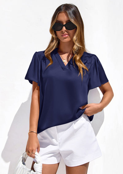 PRETTYGARDEN Women's Summer Blouses Dressy Casual Ruffle Cap Sleeve V Neck Business Work Trendy Cute Tops Spring Outfits PRETTYGARDEN