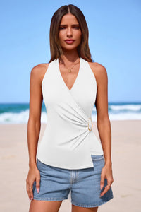 PRETTYGARDEN Womens Halter Top Spring Tie Wrap Sleeveless Ruched V Neck Fitted Summer Tops Backless Fashion Y2k Clothes PRETTYGARDEN