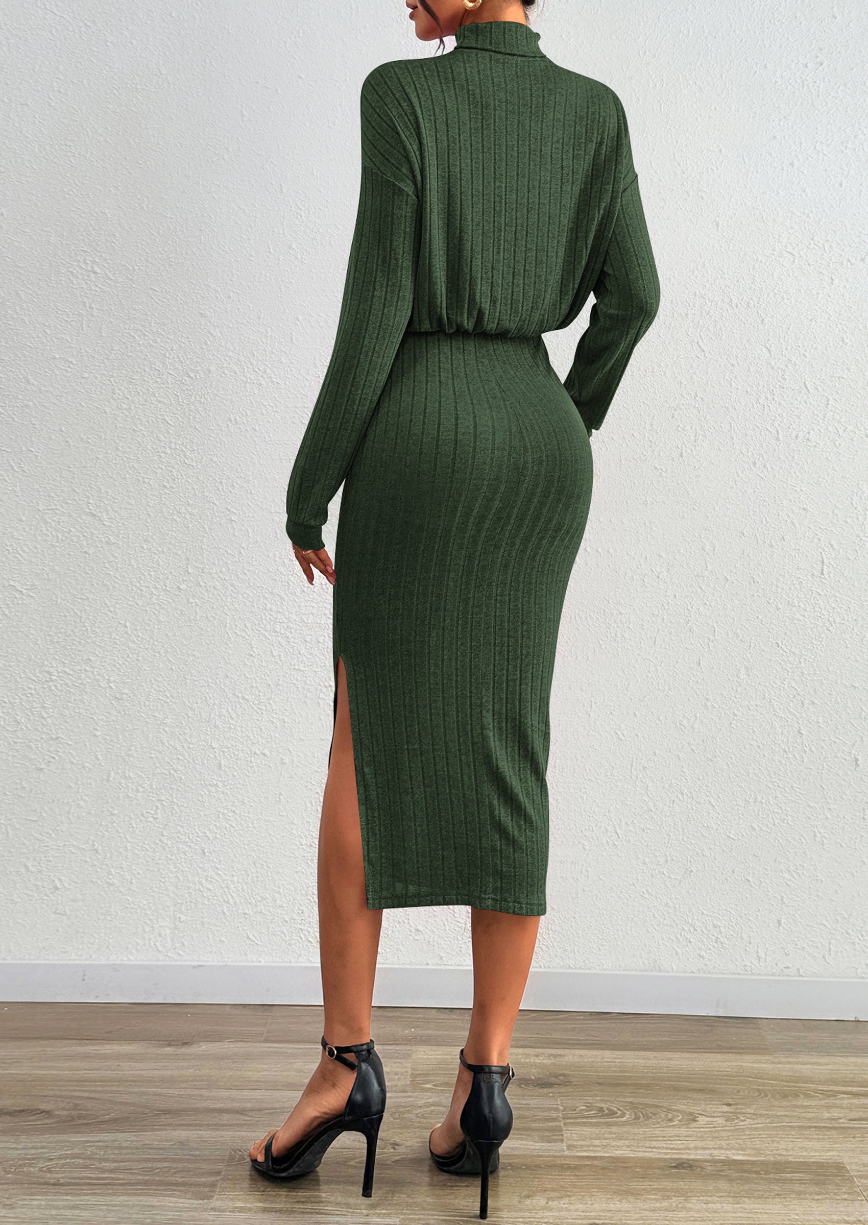 PRETTYGARDEN Turtle Neck Dresses for Women Fall Knit Outfits Slit Elastic Waist Long Sleeve Bodycon Midi Sweater Dress
