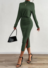 PRETTYGARDEN Turtle Neck Dresses for Women Fall Knit Outfits Slit Elastic Waist Long Sleeve Bodycon Midi Sweater Dress