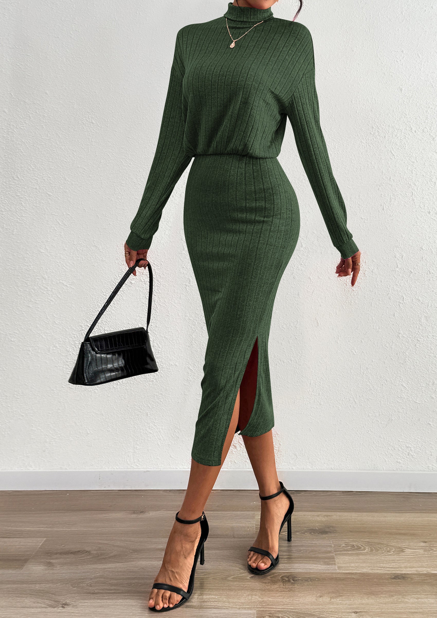 PRETTYGARDEN Turtle Neck Dresses for Women Fall Knit Outfits Slit Elastic Waist Long Sleeve Bodycon Midi Sweater Dress