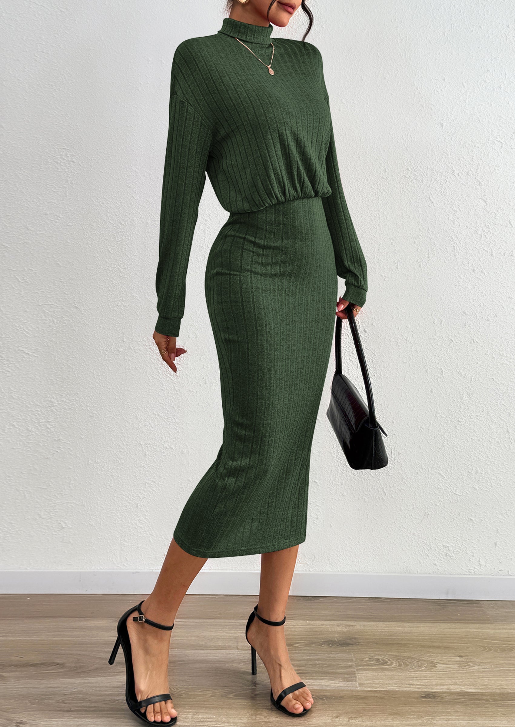 PRETTYGARDEN Turtle Neck Dresses for Women Fall Knit Outfits Slit Elastic Waist Long Sleeve Bodycon Midi Sweater Dress