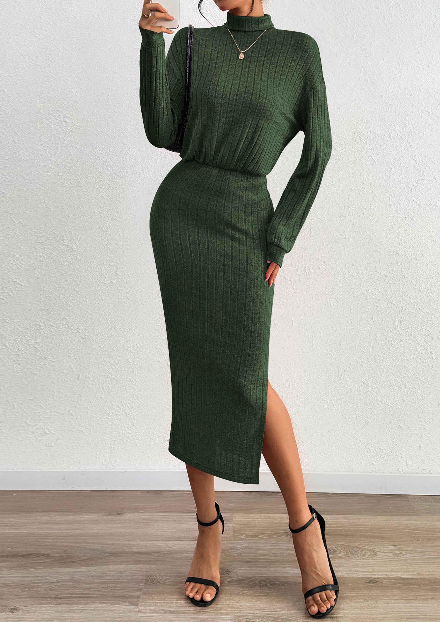 PRETTYGARDEN Turtle Neck Dresses for Women Fall Knit Outfits Slit Elastic Waist Long Sleeve Bodycon Midi Sweater Dress