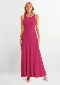 PRETTYGARDEN 2 Piece Maxi Skirt Sets Casual Knit Cropped Tank Top High Waisted Long Skirts Outfit