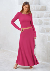 PRETTYGARDEN 2 Piece Casual Ribbed Knit Long Sleeve Crop Tops Maxi Flowy Skirts Matching Sets