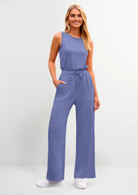 PRETTYGARDEN Womens Jumpsuits Summer Casual One Piece Outfits Sleeveless Wide Leg Long Pants Rompers