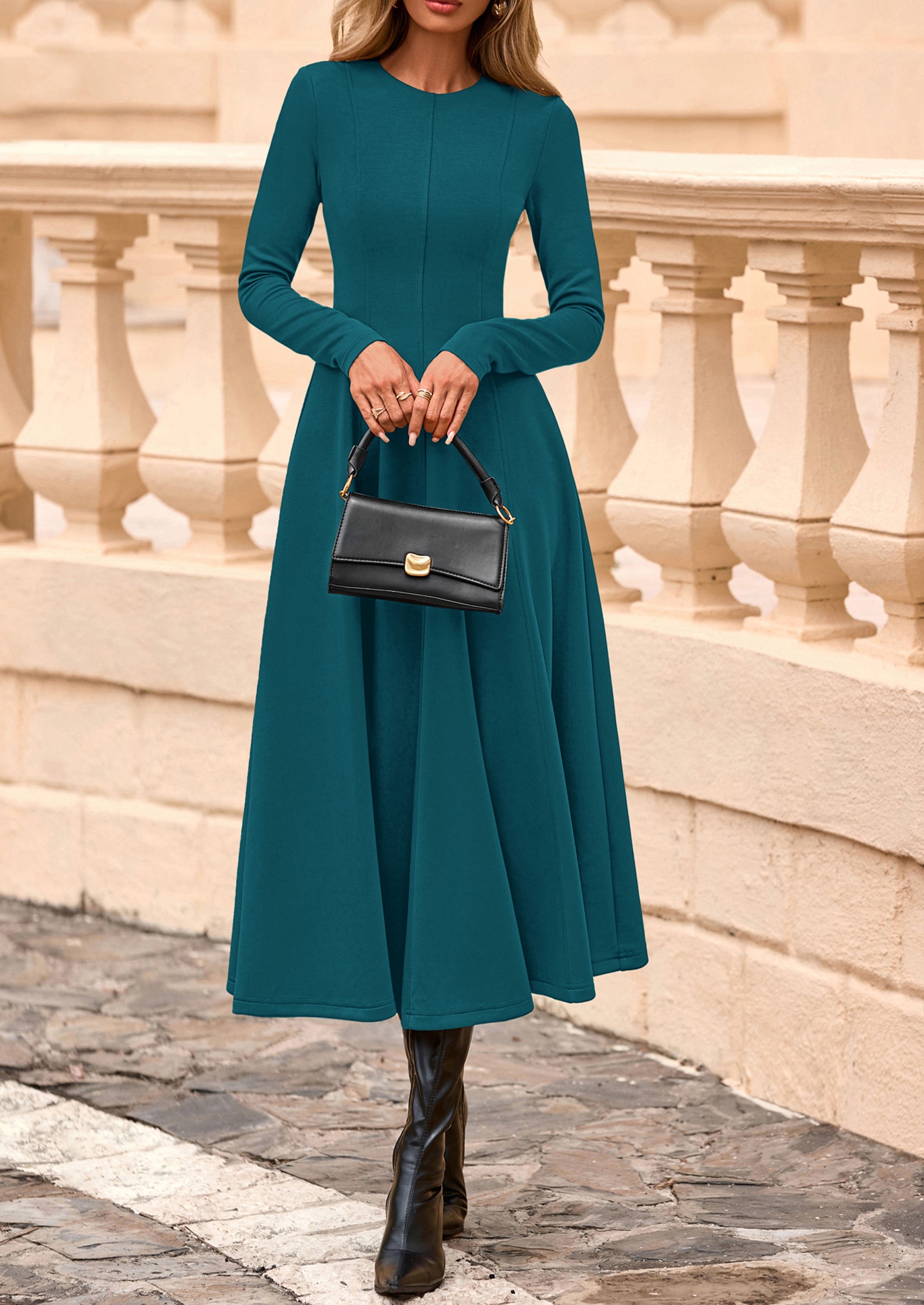 PRETTYGARDEN Women's Fall Long Sleeve Midi Dress Casual Elegant Ruffle Flowy A Line Swing Cocktail Party Dresses