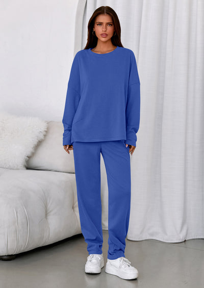 PRETTYGARDEN Womens 2 Piece Matching Lounge Sets Fall Long Sleeve Boatneck Sweatsuit Drawstring Sweatpants Pockets