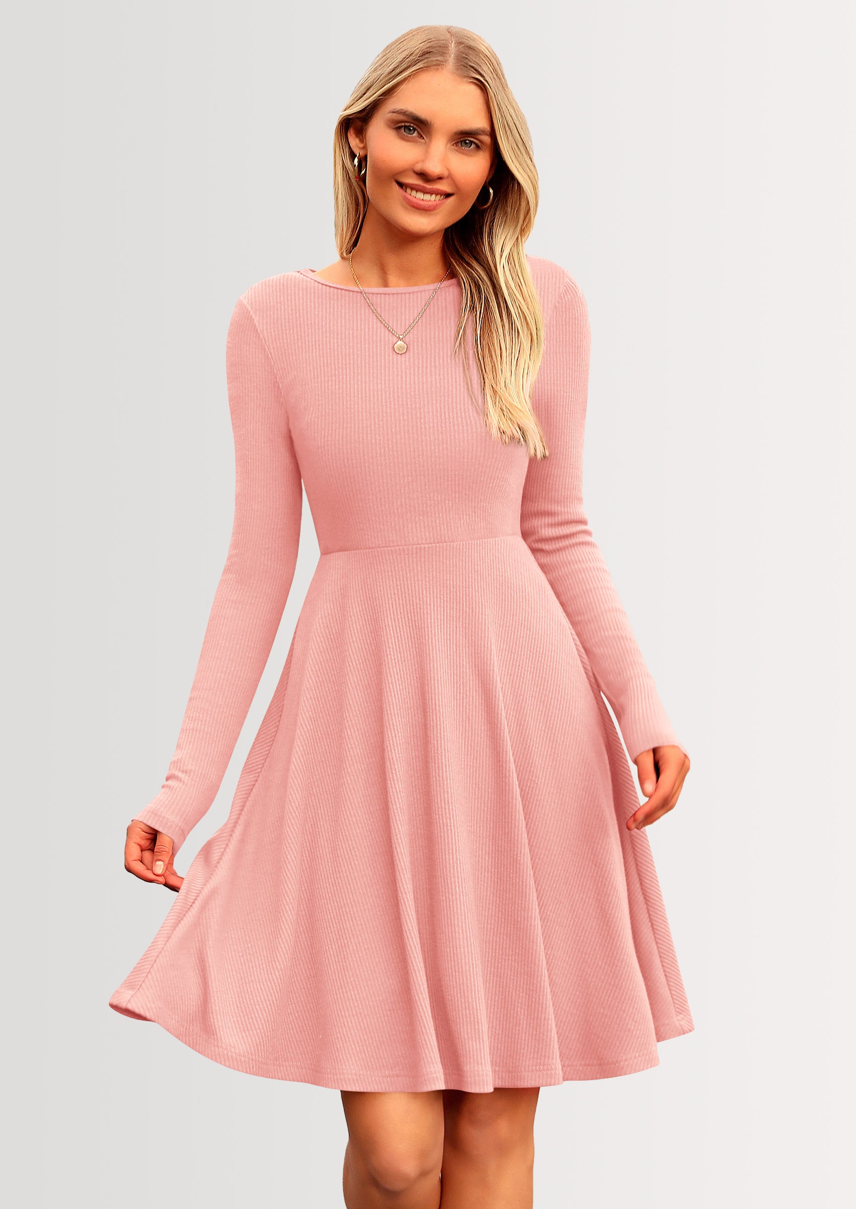 PRETTYGARDEN Women's Spring Fall Short Dress Ribbed Knit Crewneck Long Sleeve A Line Flowy Casual Elegant Going Out Dresses