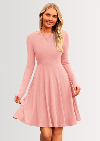 PRETTYGARDEN Women's Spring Fall Short Dress Ribbed Knit Crewneck Long Sleeve A Line Flowy Casual Elegant Going Out Dresses