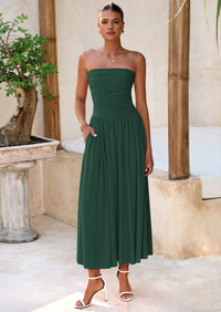 BTFBM Summer Maxi Dresses for Women Strapless Ruched Tube Top Beach Vacation Spring Wedding Guest Dress Pockets PRETTYGARDEN