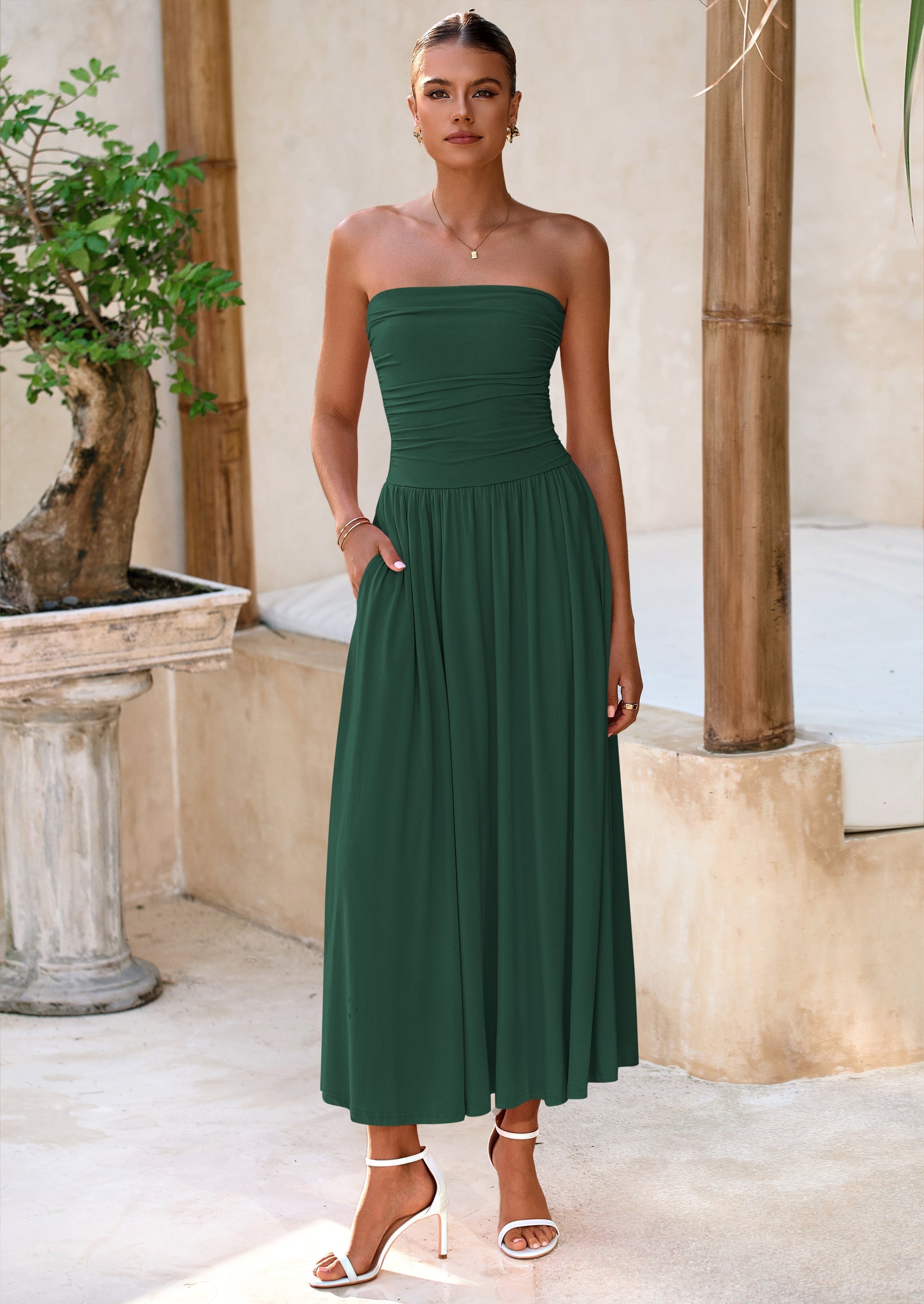 BTFBM Summer Maxi Dresses for Women Strapless Ruched Tube Top Beach Vacation Spring Wedding Guest Dress Pockets PRETTYGARDEN