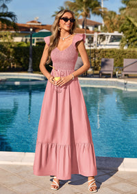 PRETTYGARDEN Women's Summer Casual Maxi Dresses Cap Sleeve V Neck Smocked Long Pockets Party Sundress Vacation Outfits