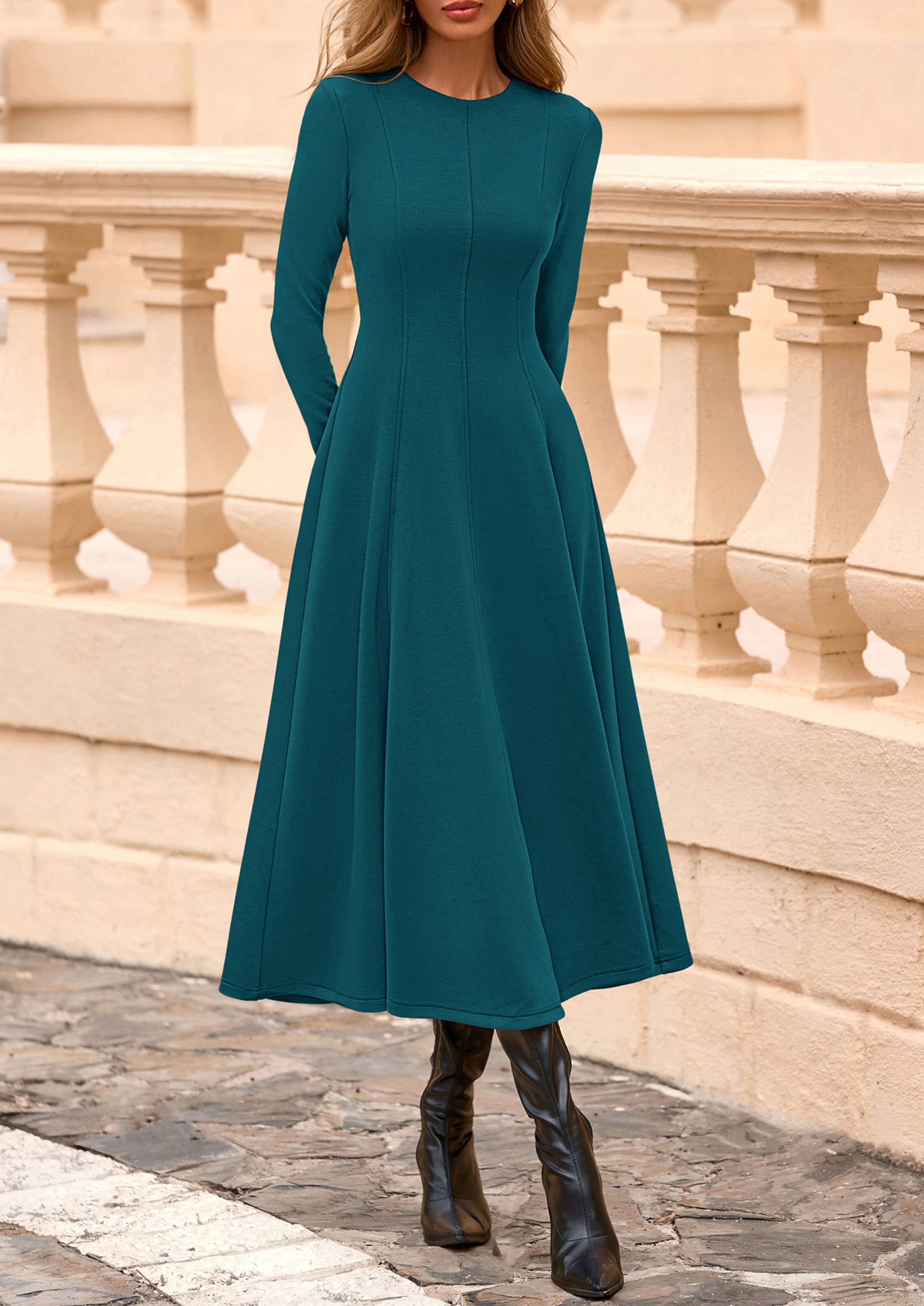 PRETTYGARDEN Women's Fall Long Sleeve Midi Dress Casual Elegant Ruffle Flowy A Line Swing Cocktail Party Dresses