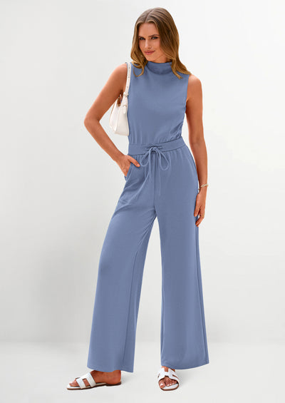 PRETTYGARDEN Jumpsuits Dressy Outfits Casual Sleeveless Mock Neck Wide Leg Pants Rompers