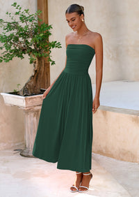 BTFBM Summer Maxi Dresses for Women Strapless Ruched Tube Top Beach Vacation Spring Wedding Guest Dress Pockets PRETTYGARDEN