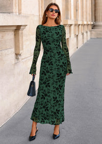 PRETTYGARDEN Women's Floral Bodycon Maxi Dress Fall Elegant Mesh Long Sleeve Formal Wedding Guest Cocktail Dresses