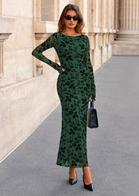 PRETTYGARDEN Women's Floral Bodycon Maxi Dress Fall Elegant Mesh Long Sleeve Formal Wedding Guest Cocktail Dresses