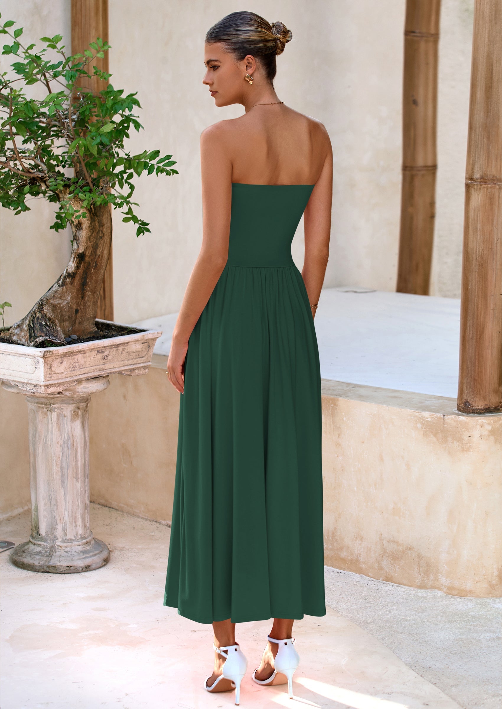 BTFBM Summer Maxi Dresses for Women Strapless Ruched Tube Top Beach Vacation Spring Wedding Guest Dress Pockets PRETTYGARDEN