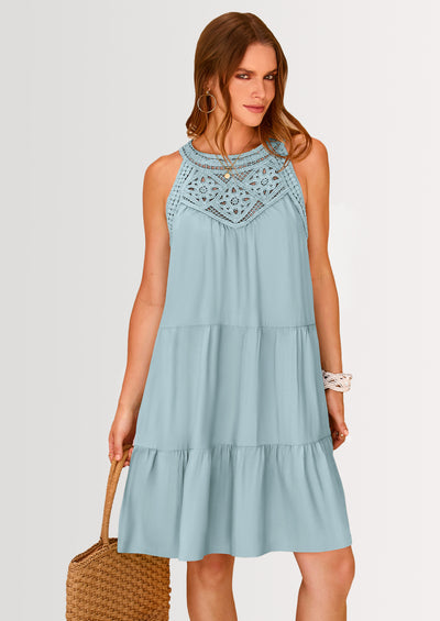 BTFBM Women Summer Halter Dresses Casual Spring 2025 Sleeveless A-Line Tiered Swing Mini Dress Beach Vacation Sundress